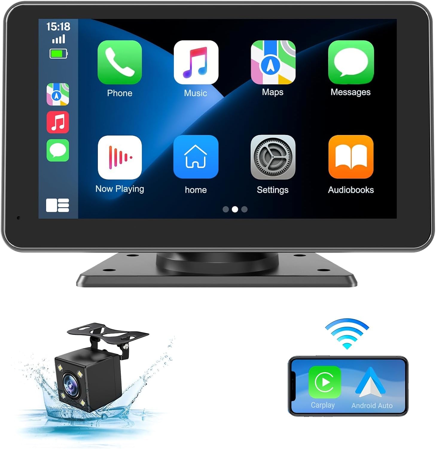 Wireless Apple Carplay Screen for Car, 7" HD Touchscreen with Portable Apple Carplay & Android Auto Car Stereo with Backup Camera, GPS Navigation/Mirror Link/Voice Control/Bluetooth