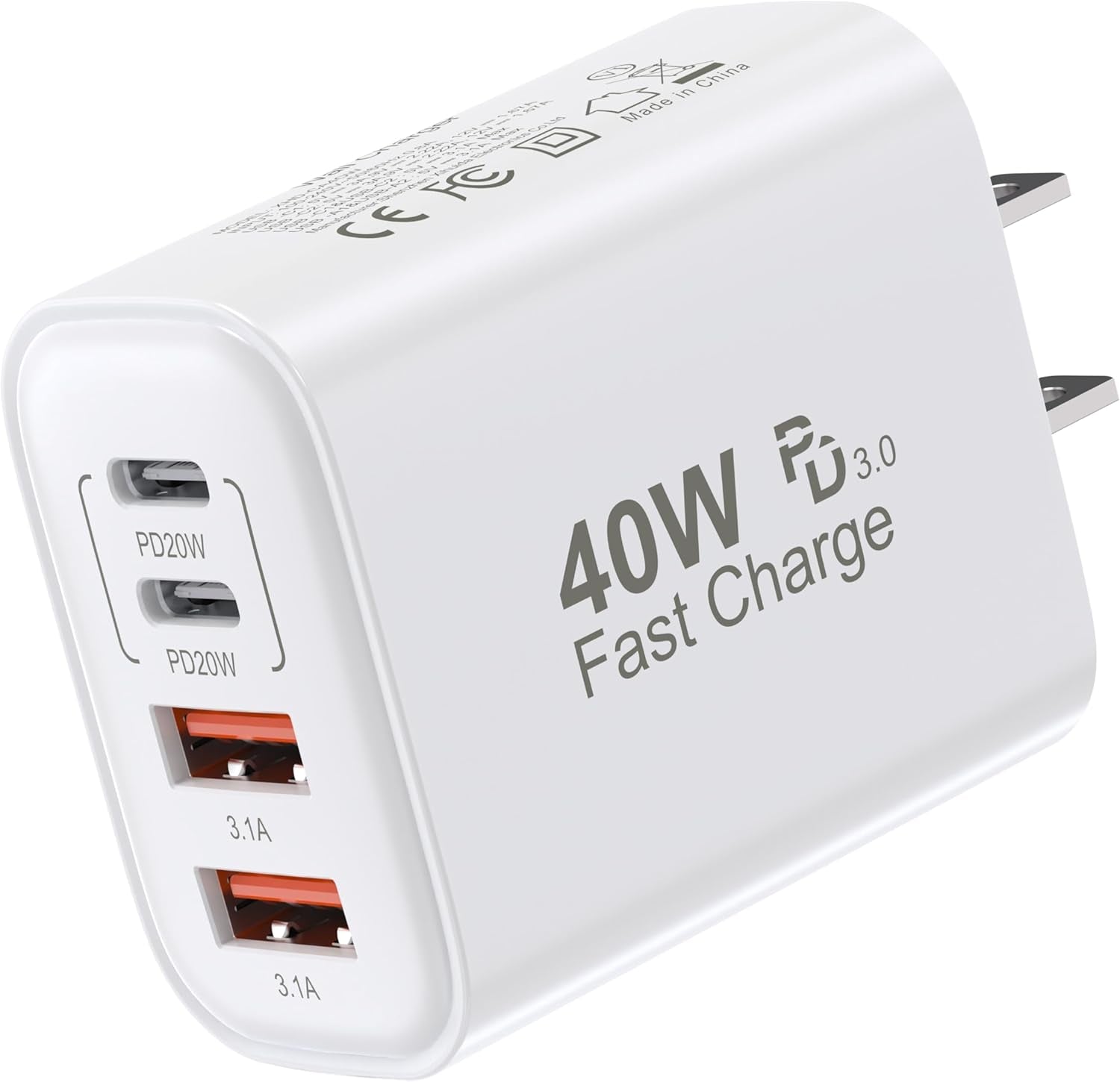 USB C Block 40W, 4 Ports Wall Plug Fast Charging Block, PD+QC Multiport Power Adapter USB C Charger Type C for Iphone 16,15,14,13,12,11, Pro Max, X, Xr, Xs, 8, 7, Watch, Galaxy Phones (White 1Pack)