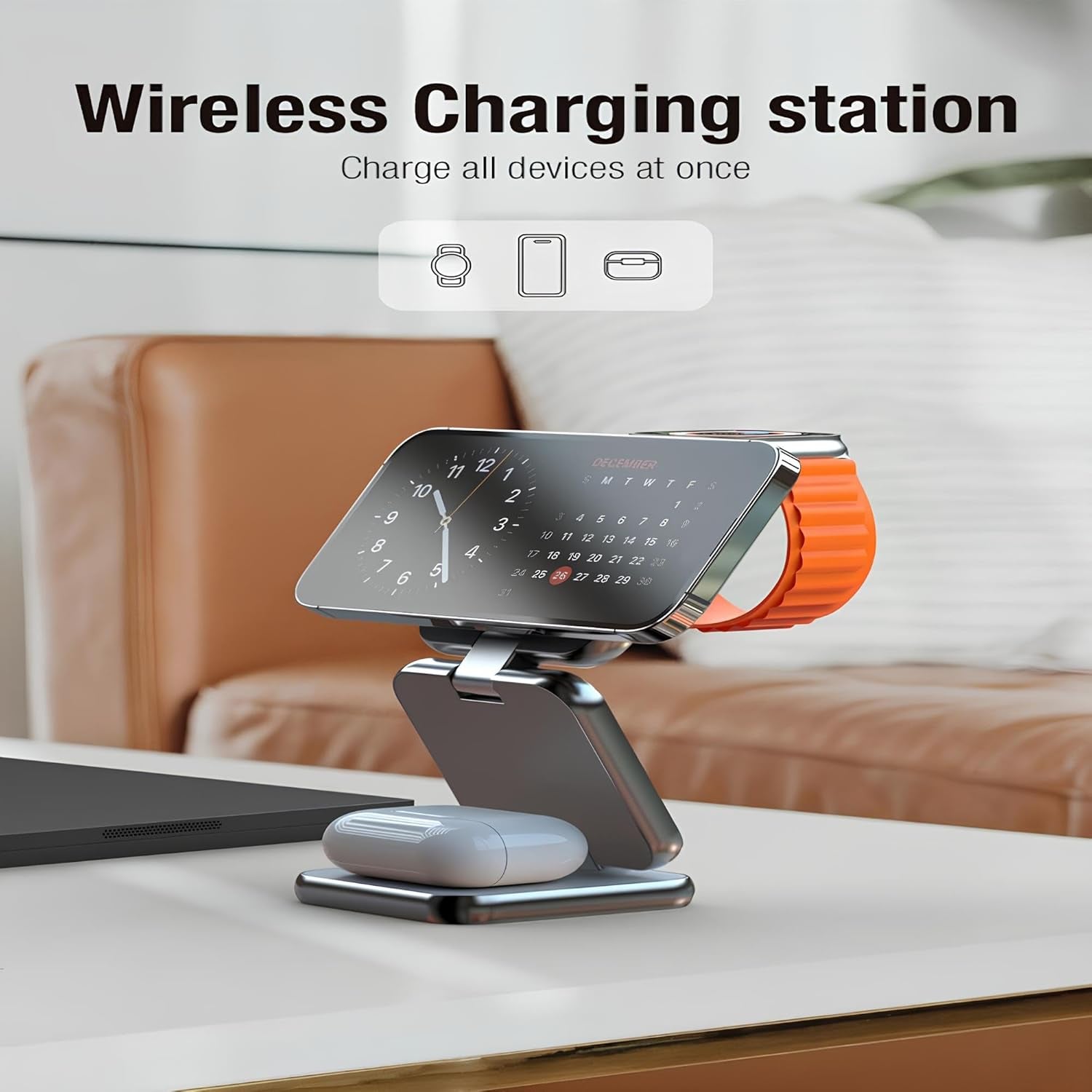 Wireless Charger & Portable Travel Charging Station, Foldable Magnetic Stand, 15W Fast Magnetic Wireless Charger for Iphone 16/15/14/13, Apple Watch & Airpods (Adapter Included)