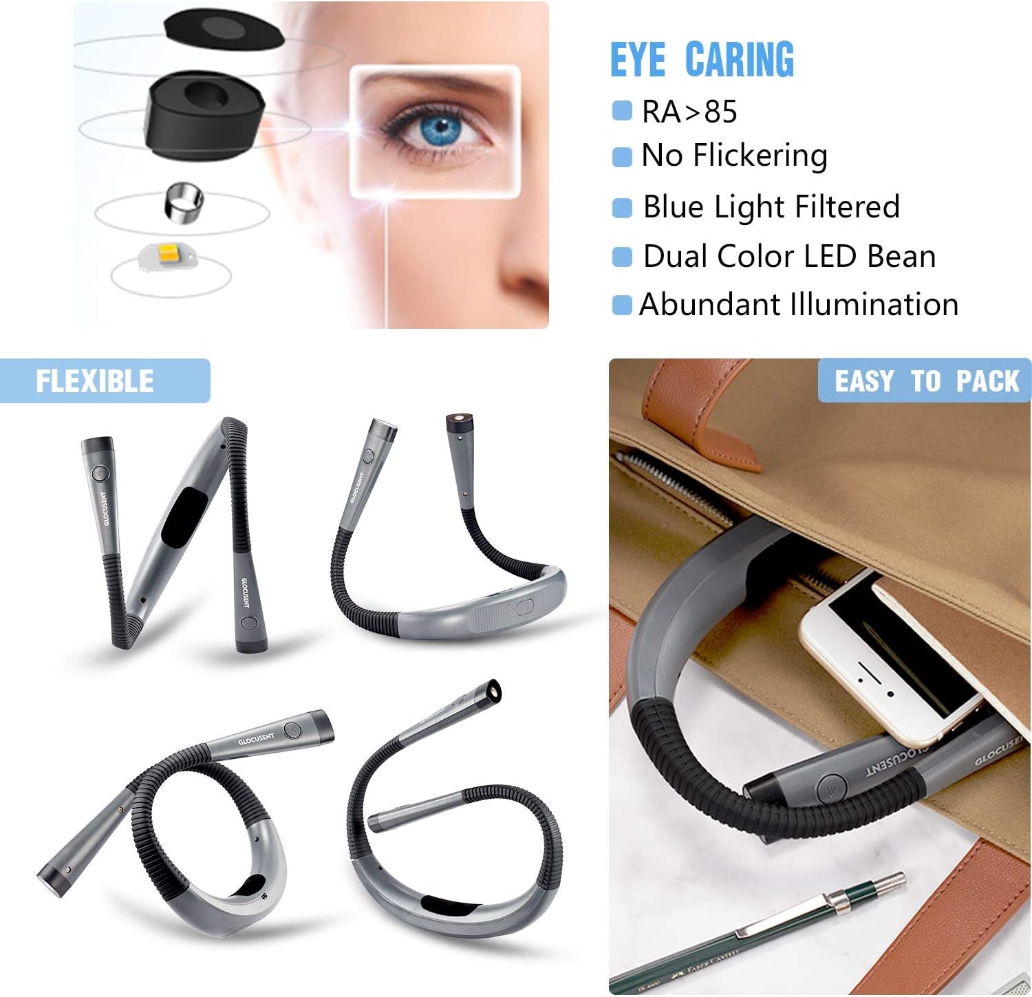 Book Light, 3-Color & 6-Brightness Reading Light, Bendable Neck Light, 80-Hr Lasting Rechargeable Lamp, Perfect Book Light for Reading in Bed, Knitting, Camping, Repairing, Book Lovers Gifts