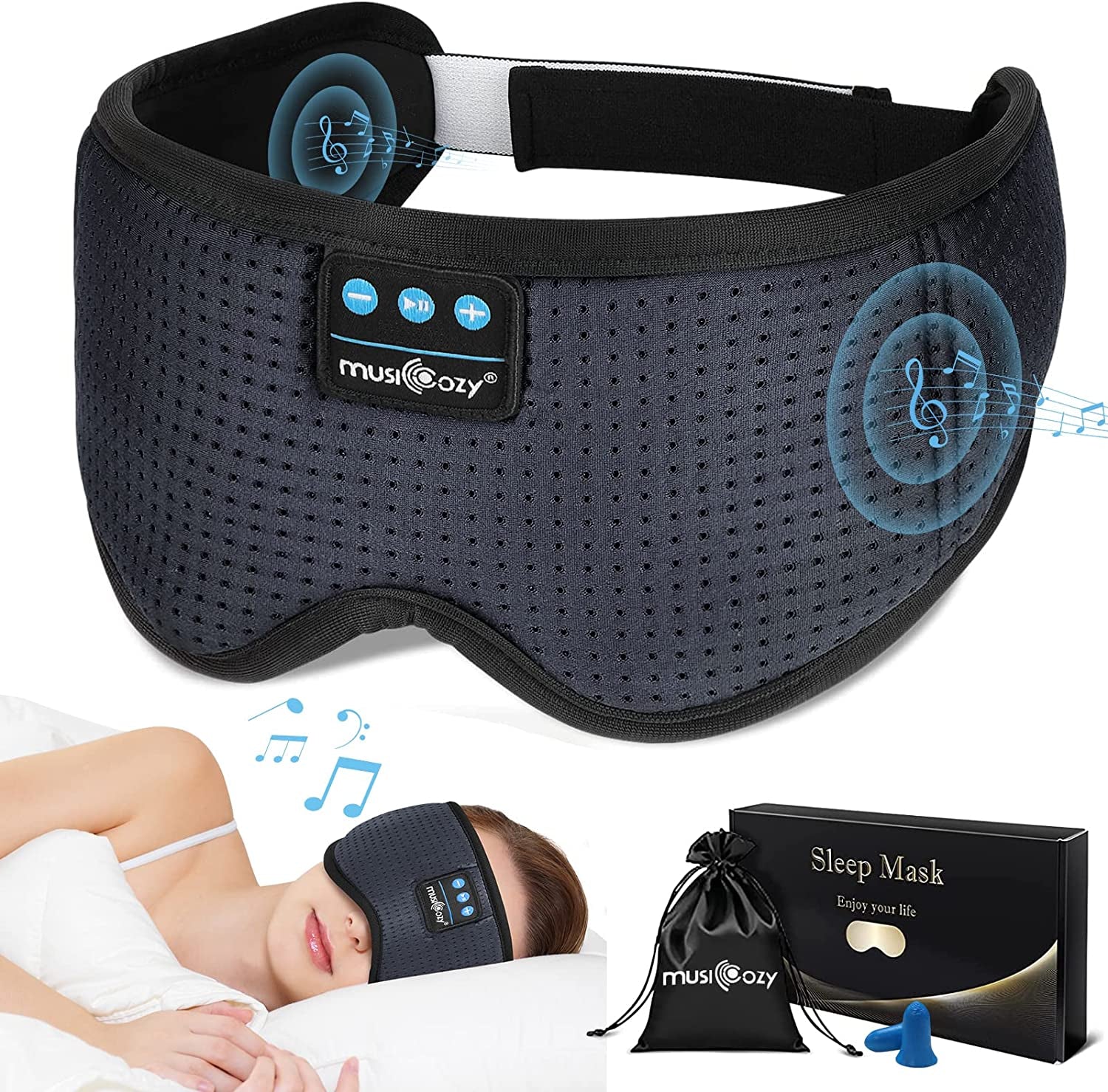 White Noise Bluetooth Sleep Mask with 8 Soothing Sounds & 3D Wireless Sleep Headphones, Bluetooth Sleeping Headphones for Yoga Travel Office Relaxation Tech Gadgets Gifts, Light Gray