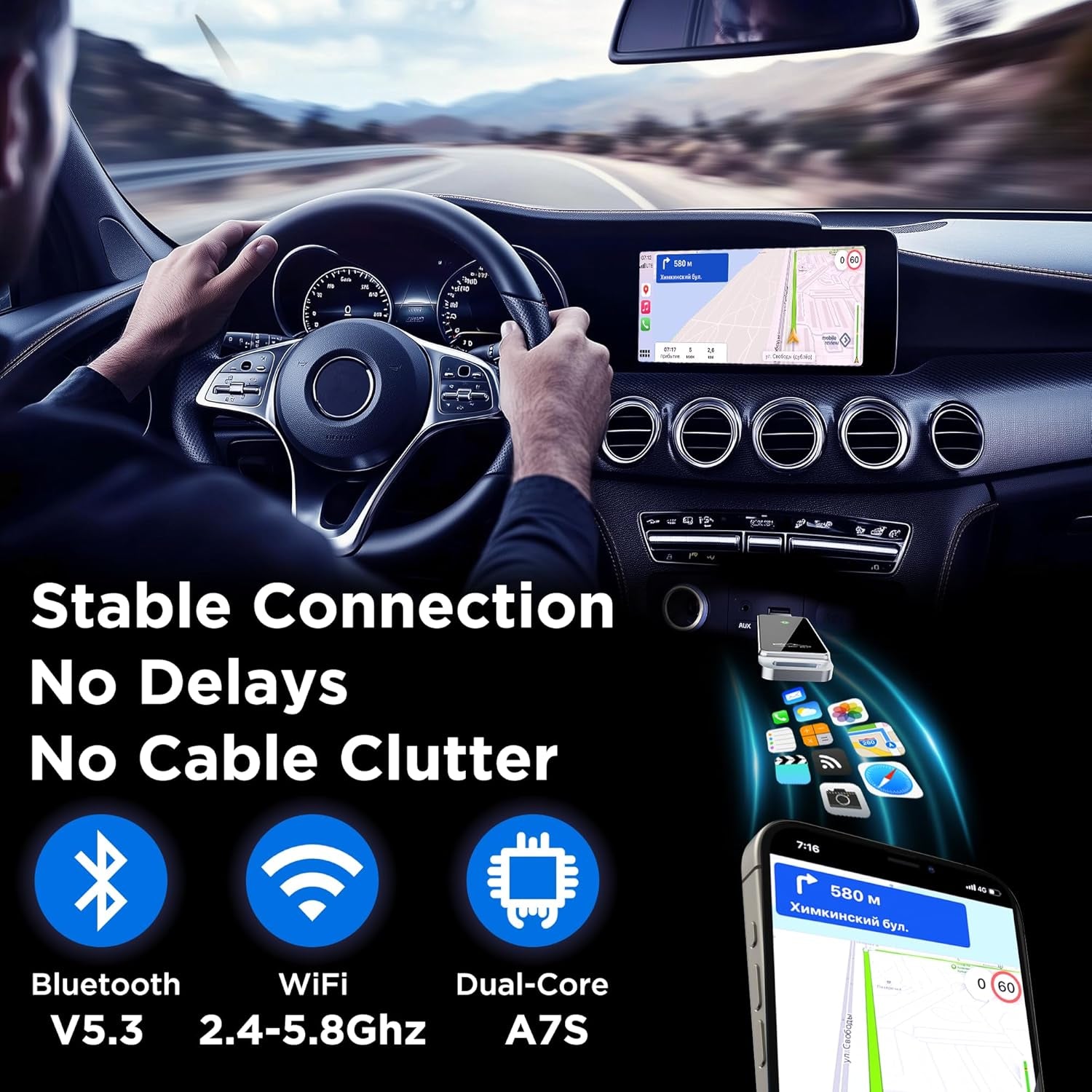 Wireless Carplay Adapter 2024 Upgrade, Plug and Play, No Latency, Converts Factory Wired to Wireless, Compatible with Iphone 6+ and 2015+ Cars, Bluetooth 2.4Ghz and Wi-Fi 2.4+5.8Ghz